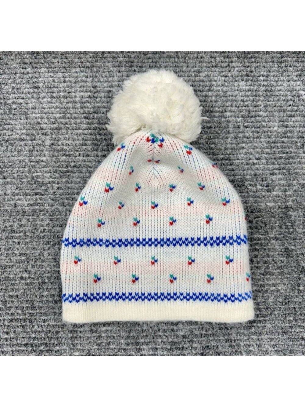 Vintage Wigwam Pom Beanie Ivory White Blue Red Heart Knit Hat Ski Cottagecore